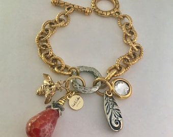 Deborah, Gold Chunky Charm Bracelet, Bee Charm, Swarovski Crystal Charm, Teardrop Jasper, Teardrop Charm