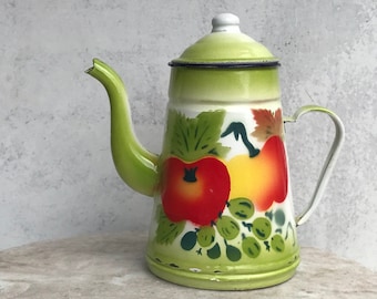 Vintage Colorful Painted Fruit Enamelware Teapot, Graniteware Fruit Teapot