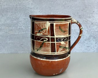 Vintage Mexican Folk Art Redware Tlaquepaque Pitcher, Rustic Clay Jug, Southwestern Decor, Hand-Painted Pattern