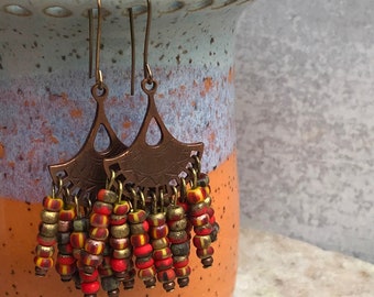 Colorful Copper Fan Earrings, Picasso Glass Beads, Fringe Earrings, Dangle Earrings, Isabella Earrings