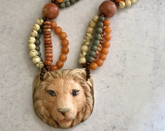 Vintage 80's Judith Gigi Stone Beaded Lion Necklace