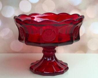Vintage Ruby Red Fostoria Coin Glass Compote, Red Glass Bowl