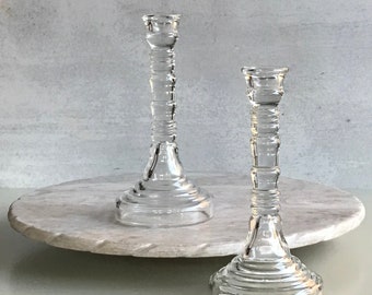 Vintage Pair of Ribbed Glass Candlestick Holders, Vintage Pair of Glass Candleholders