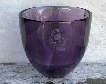 Vintage Orrefors Sweden Amethyst Purple Art Glass Bowl with Etched Thistle