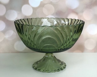 Vintage Brockway Green Glass Compote, Vintage Green Bowl, Nouveau Pattern, Glass Pedestal Bowl