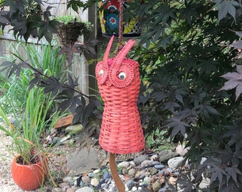 Vintage MCM Rattan Googly Eye Owl Wind Chime, Vintage Wicker Owl Wind Chime, Red Owl Wind Chime