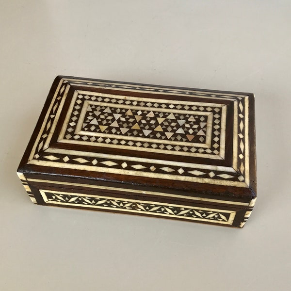 Vintage Mother of Pearl Inlay Mosaic Marquetry Hinged Wooden Trinket Box