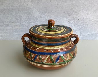 Vintage Mexican Redware Oaxaca Lidded Jar, Folk Art Lidded Pot, Southwestern Decor, Dripware Pottery
