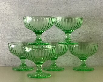 Six Green Depression Uranium Sherbet Glasses, 1930's Green Glasses, Hazel Atlas Ribbon Pattern