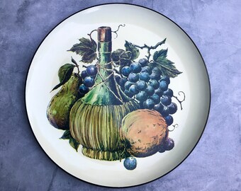 Vintage Round Lacquerware Wine and Grapes Tray, Vintage Lacquerware Large Plate