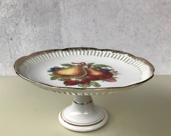 Vintage Hand-painted Fruit and Gilded Gold Edge Pedestal Compote