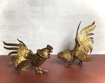 Vintage Set of Brass Fighting Cocks - Vintage Set of Roosters