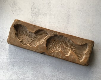 Antique Chinese Handcarved Wooden Cake Mold with Bat and Fish Motif