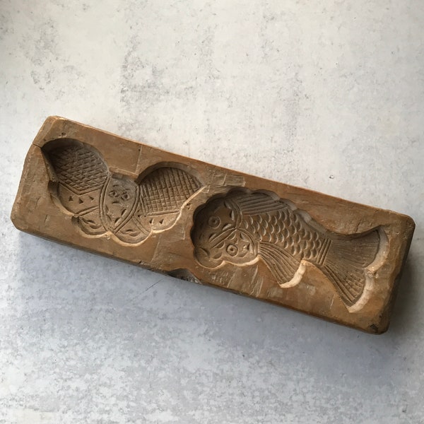 Antique Chinese Handcarved Wooden Cake Mold with Bat and Fish Motif