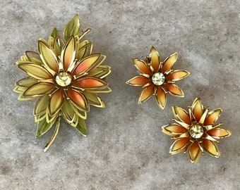 Vintage Green Yellow Orange Flower Brooch with Matching Clip On Earrings, Rhinestone Brooch and Earrings, Enameled Brooch and Earrings