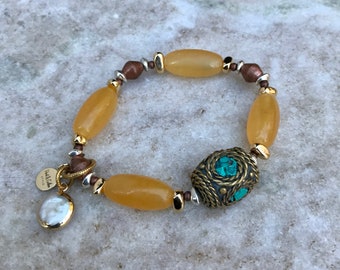 Tibetian Turquoise Bracelet, Agate, Copper, Pearl