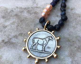 Blue Dumortierite Stone with Freshwater Pearls Horse Coin Pendant Necklace