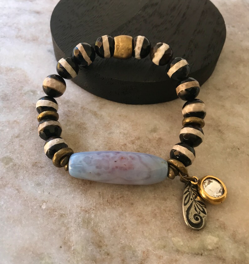 Tibetan Gemstone Bracelet, Tibetan Blue Banded Barrel Agate, Black White Round Agate, Rhinestone Gold Charm, Teardrop Charm image 2