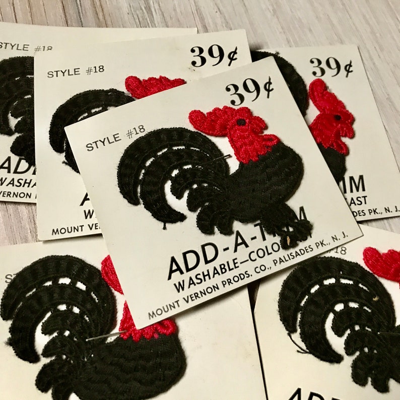 Six Vintage Black and Red Rooster Crochet Appliqu\u00e9