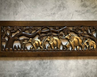 Long Vintage Hand Carved Wooden Elephant Family Wall Plaque, Elephant Relief