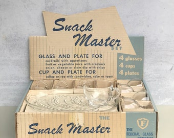 Vintage Twelve Piece Glass Plate Cup Drinking Glass Set in Original Box, Snack Master Set, Federal Glass Company