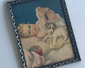 Vintage Baby and Puppy Print in Frame, Vintage Baby and Dog Print, Loren Holmwood, Nursery Print