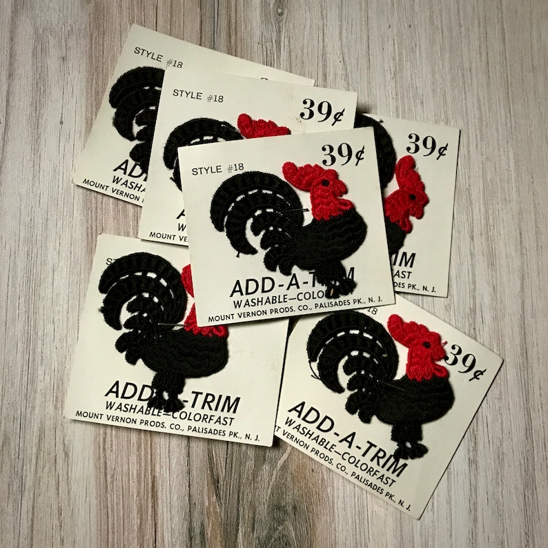 Six Vintage Black and Red Rooster Crochet Appliqu\u00e9