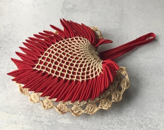 Vintage Red Crochet Heart Pincushion with Ribbon