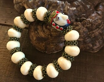 Chunky Tribal Beaded Bracelet with Ancient Style Glass Face Bead and Bone Beads