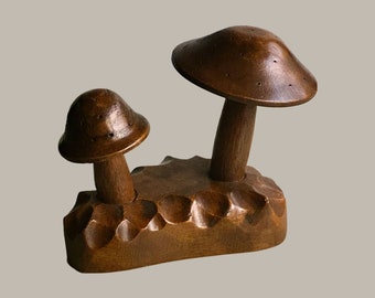 Vintage MCM Monkey Pod Carved Mushroom Sculpture, Wooden Mushroom, Mushoom Appetizer Server, Mushroom Shaped Toothpick Holder
