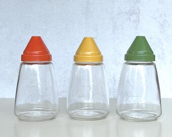Vintage Retro Federal Housewares Conical Glass Sugar Dispensers with Cone-Shaped Colorful Lids