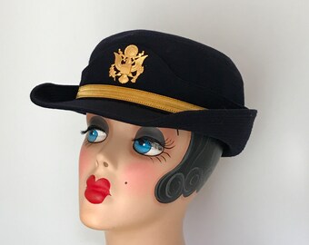 Vintage Blue Wool Female Military Hat, Ladies Military Uniform Hat, Woman's Military Officer's Hat, Vietnam