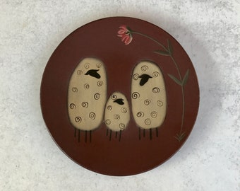 Vintage Hearthside Collection Primitive Sheep Family Round Plate Signed by Donna White, Hand-Painted Folk Art, Farmhouse Decor