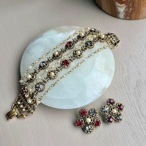 Vintage Multi Strand Ruby Color Stone and Faux Pearl Bracelet and Earrings Set