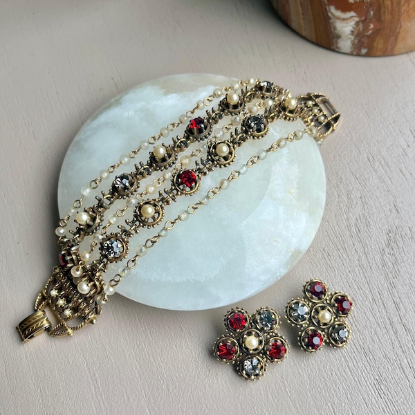 Vintage Multi Strand Ruby Color Stone and Faux Pearl Bracelet and Earrings Set
