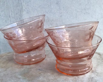 Four Vintage Pink Depression Glass Berry Bowls with Etched Floral