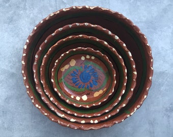 Vintage Mexican Folk Art Redware Tlaquepaque Nesting Pottery Bowls with Fluted Edge and Floral Motif