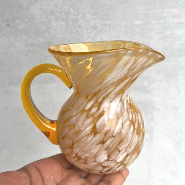 Vintage MCM Hand Blown Amber Color Splatter Art Glass Pitcher