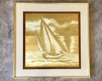Vintage Gold Foil Optical Illusionary Sailboat Wall Art, Metallic Art, Iridescent Art