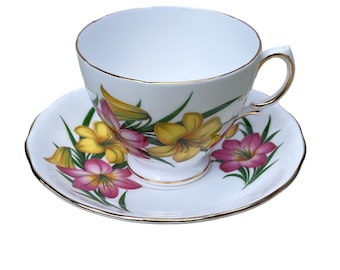 Vintage Royal Vale English Teacup and Saucer with Yellow and Pink Lillies Flowers