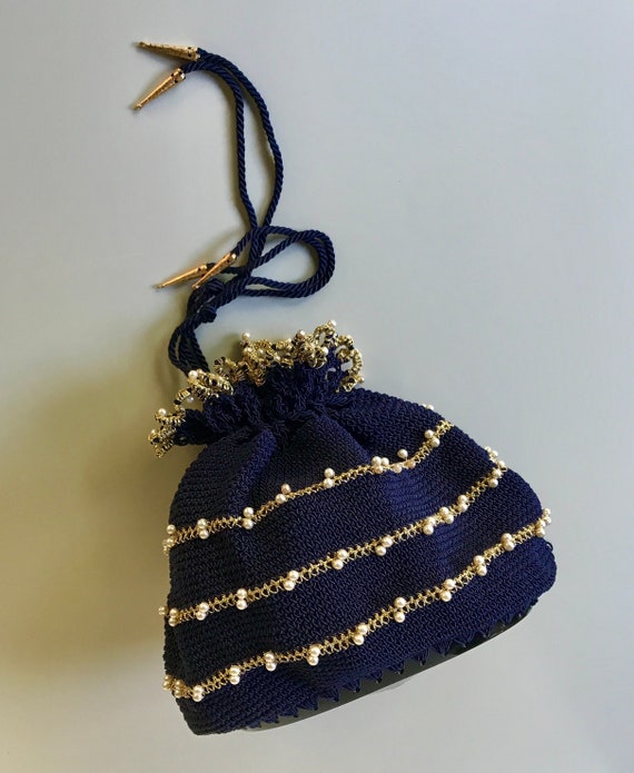Vintage Navy Blue Crochet Beaded Drawstring Purse,