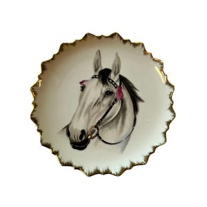 Vintage Porcelain Horse Plate with Gold Scalloped Edge, Decorative Horse Wall Plate