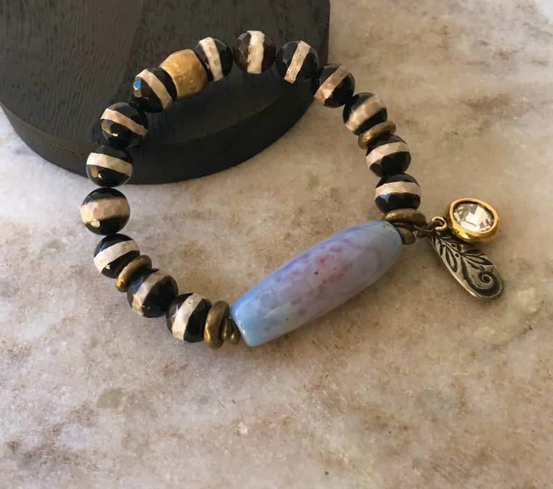 Tibetan Gemstone Bracelet, Tibetan Blue Banded Barrel Agate, Black White Round Agate, Rhinestone Gold Charm, Teardrop Charm image 1