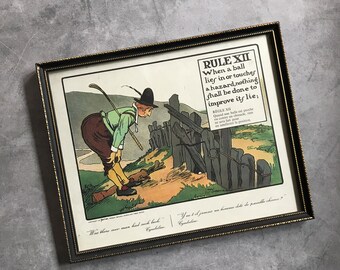 Vintage French Perrier Sparkling Water Advertising Golf Print, Vintage Golf Cartoon Print, Charles Crombie, Rule XII, Framed Golf Print