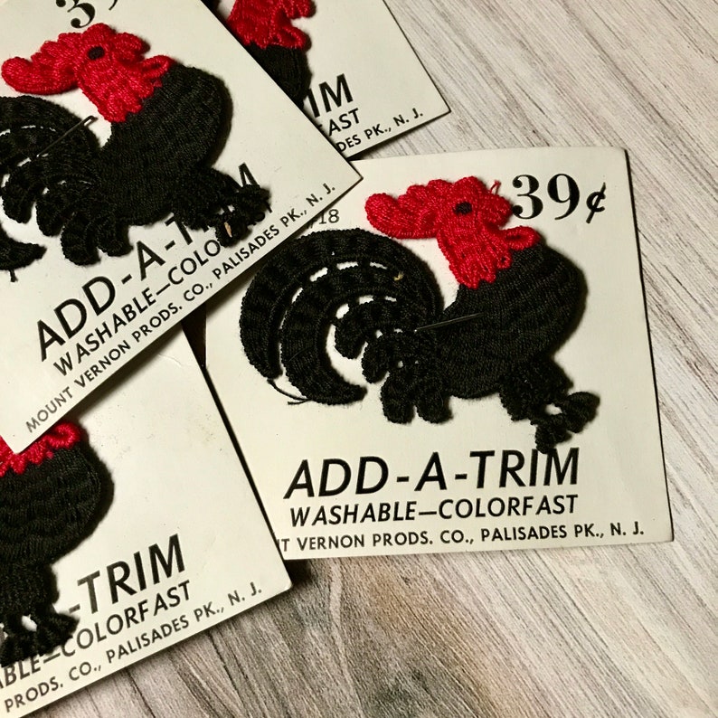 Six Vintage Black and Red Rooster Crochet Appliqu\u00e9