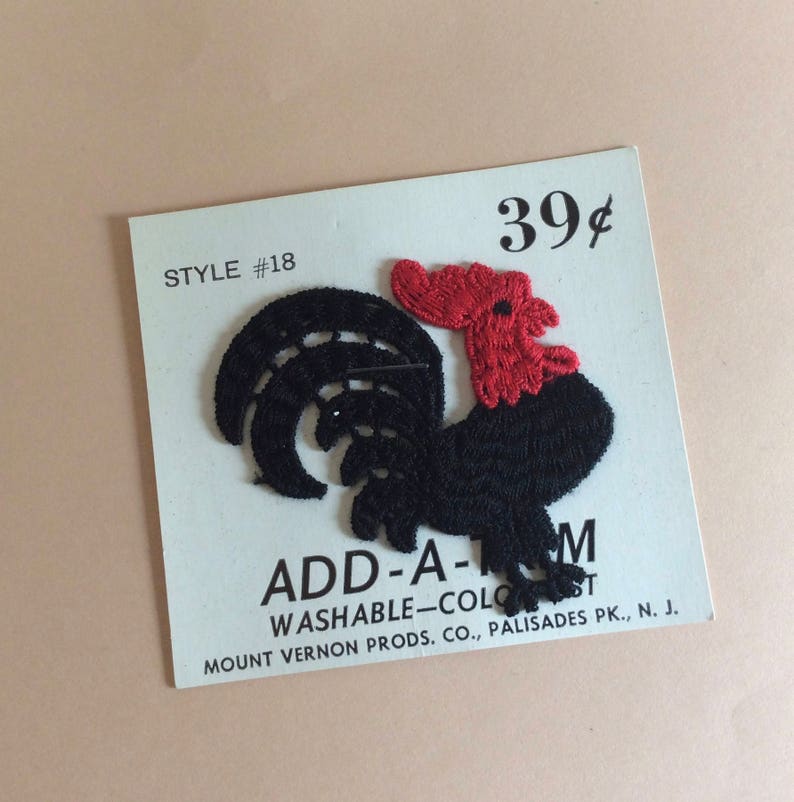 Six Vintage Black and Red Rooster Crochet Appliqu\u00e9