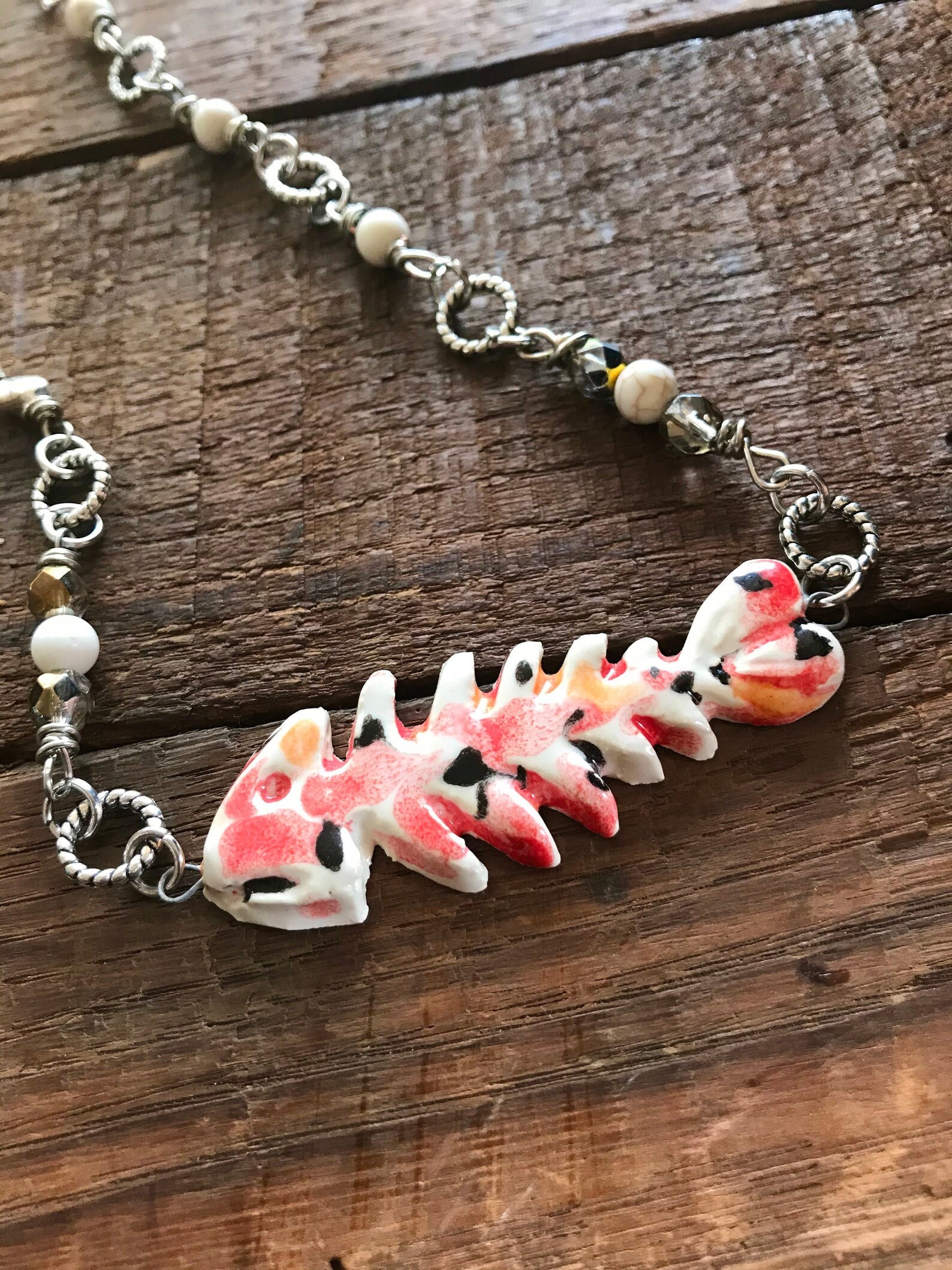 Pink fish skeleton bone handwired necklace with crystal and etsy Pink fish skeleton bone handwired necklace with crystal and etsy