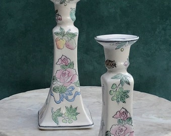 Vintage Pair of Chinoiserie Fruit and Floral Candlestick Holders, Chinese Candleholders