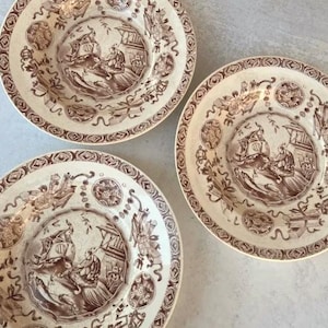 Three Antique English Transferware Soup Bowls, Yeddo Pattern, Ridgway and Sparks Pottery