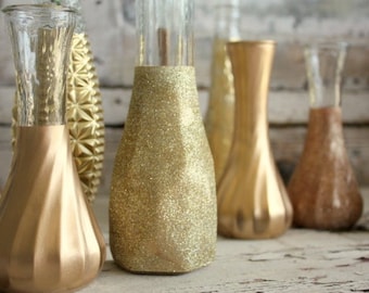 Gold vases, Set of 18 CUSTOM gold glitter dipped vintage budvases and, painted bud vase, gold wedding table decor, vase collection